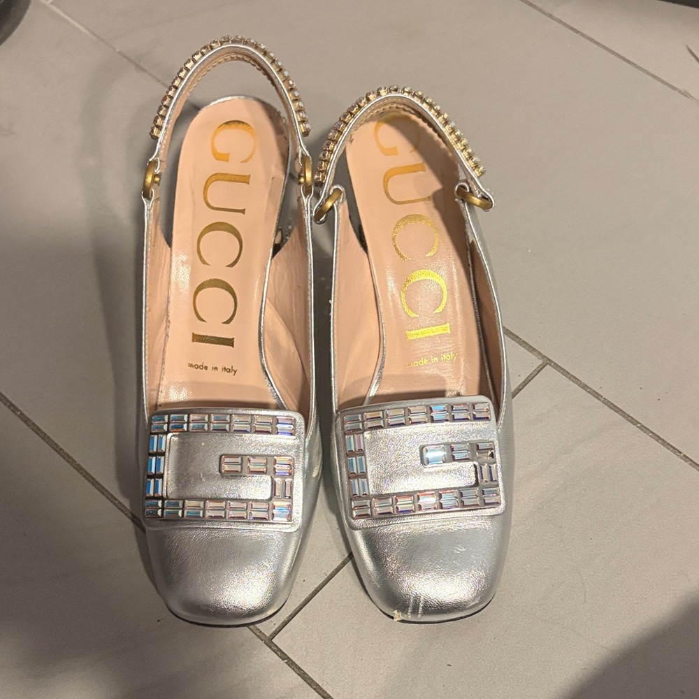 Gucci Silver Crystal-Trim Slingback Loafers